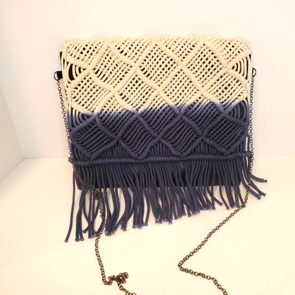 Venus Ombre Macrame Crossbody Shoulder Bohemian Bag Hand Dyed Blue Ivory‎ Purse
